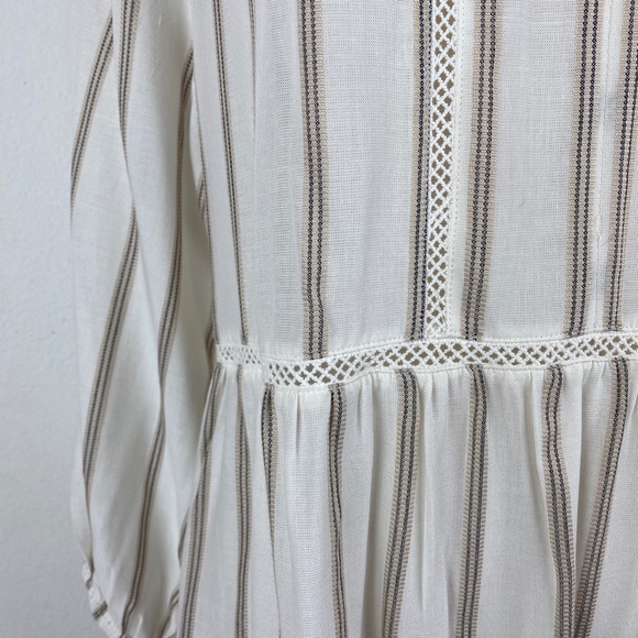 FEVER Womans Tunic Blouse Large Tan Ivory Striped Relaxed Peasant Boho Gypsy NWT - Picture 4 of 9